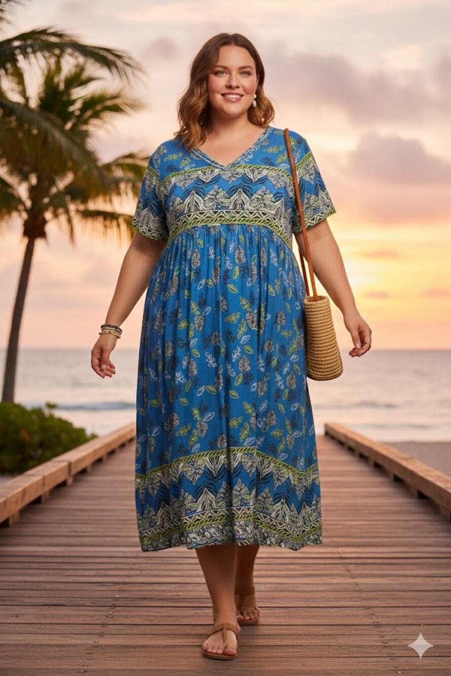 Vintage comfort Choice size Medium cotton floral kaftan Blue palm dress boho
